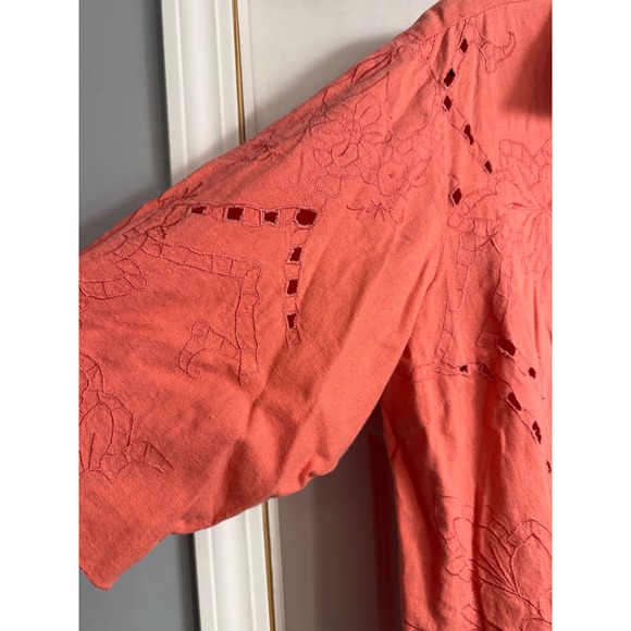 Vtg Susan Graver Style Linen Blend Embroidered Shirt Coral 2X eyelet cottagecore - Picture 5 of 8